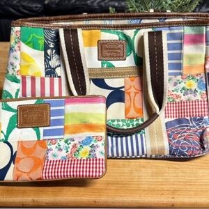 Coach Multicolor Patchwork Tote Bag with Black Handles matching wristlet